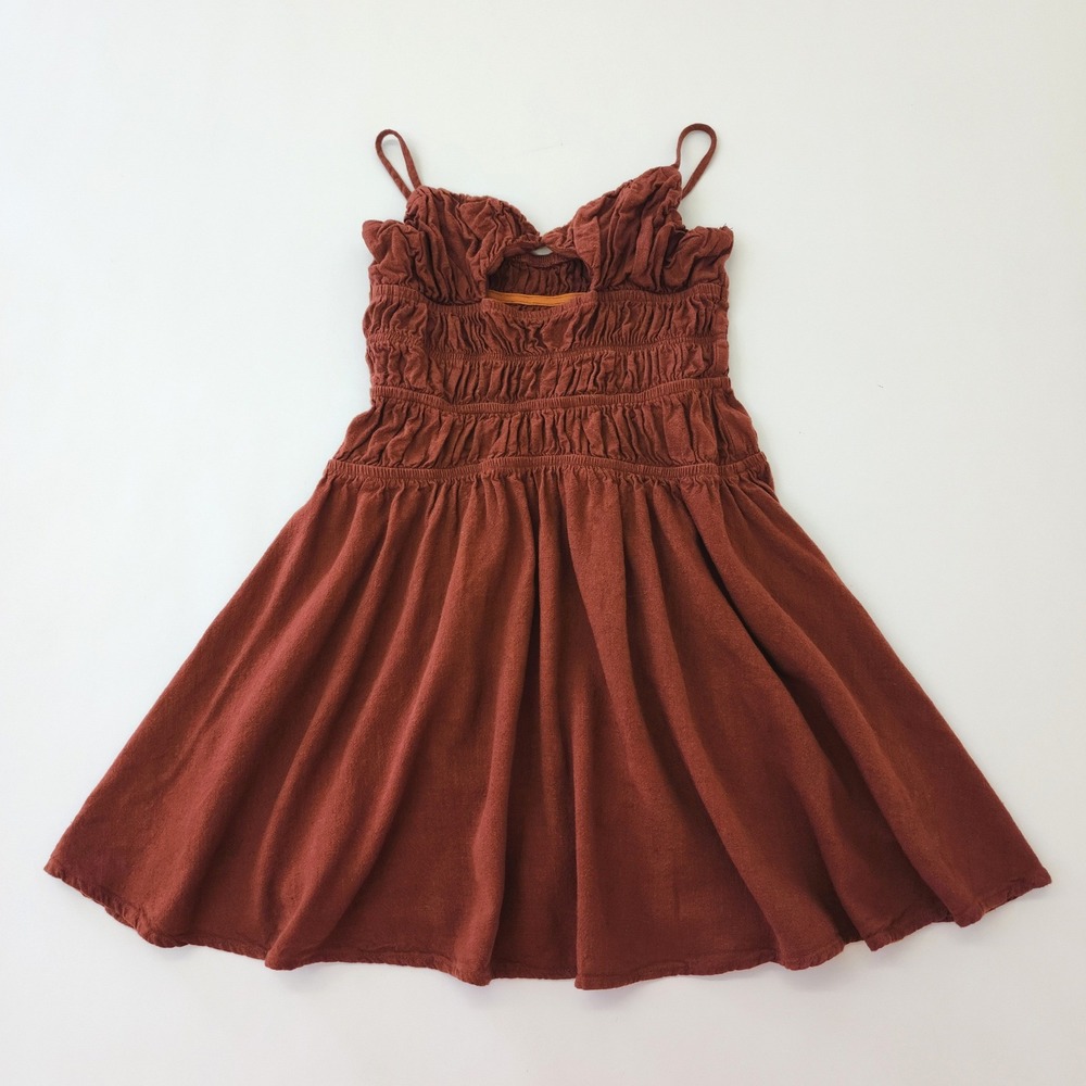 Rust Brown Smocked Keyhole Mini‎ Dress Sleeveless Spaghetti Strap Size 4
